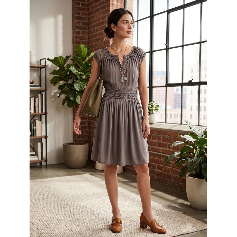 Banana Republic 100% Silk Smocked Waist Button Front Dress Mauve Taupe 2